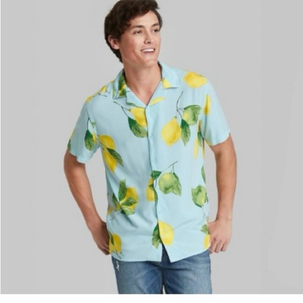 Unisex Lemon Print Short Sleeve Button Down